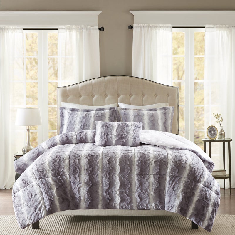 Madison Park Zuri Soft Plush Comforter Set, Faux Fur Animal Stripes Design, Faux Mink On The Reverse, Modern All Season Bedding Set with Matching Sham, King, Grey 4 Piece - Image 5
